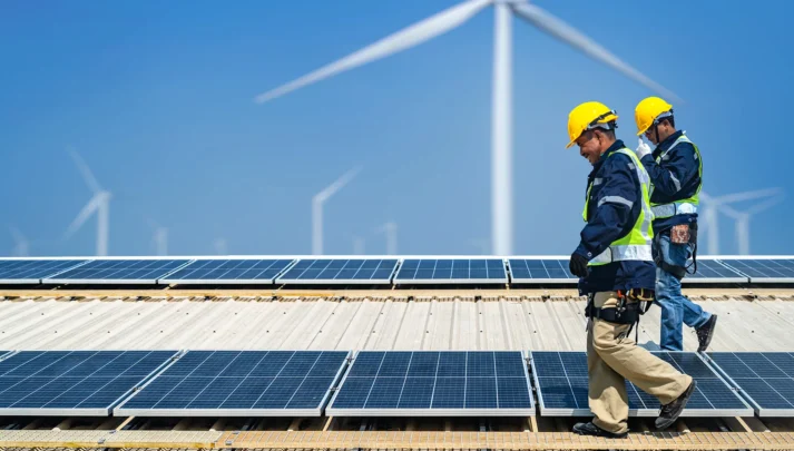 Deux techniciens éoliens sur le toit d'un édifice avec des panneaux solaires