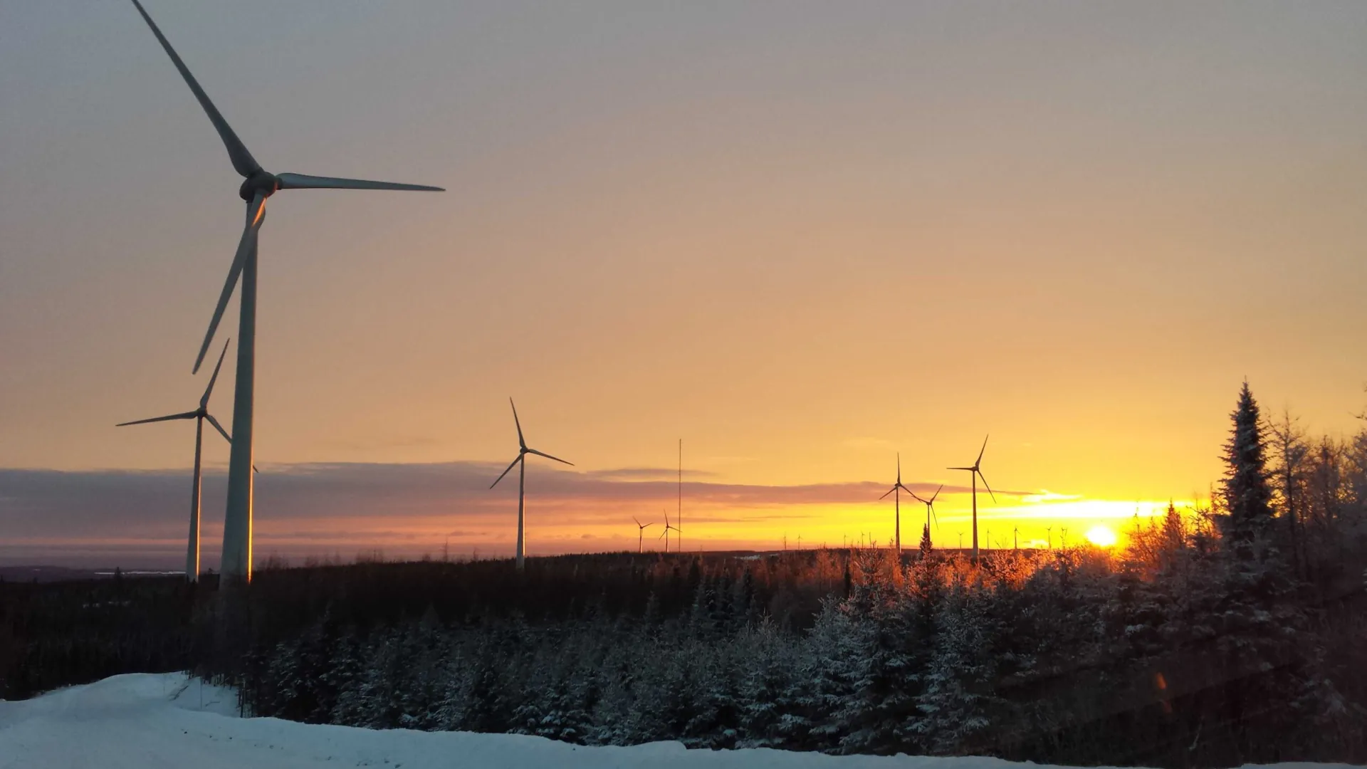 Un paysage éolien en hiver au coucher du soleil