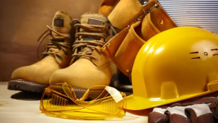 Une paire de bottes de construction, avec des lunettes de sécurité et un casque